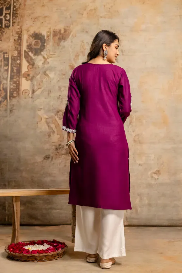 Wine_Floral_Embroidered_Round_Neck_Chikankari_Straight_Kurta_With_Palazzos