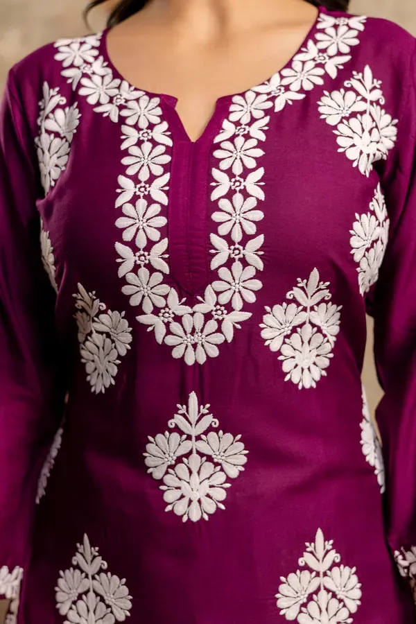 Wine_Floral_Embroidered_Round_Neck_Chikankari_Straight_Kurta_With_Palazzos