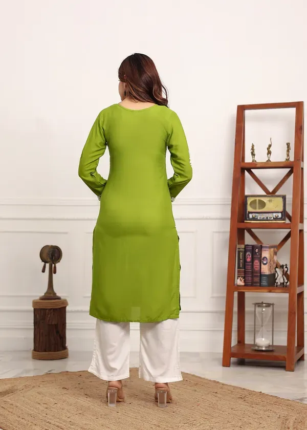Mehndi_Elegant_Chikankari_Below_Knee_Length_Kurti_Plazo_Set_Perfect_For_All_Occasion