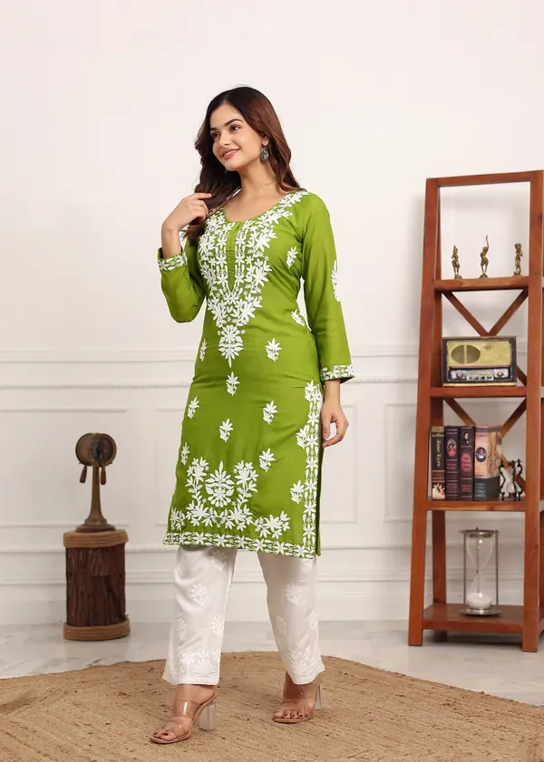 Mehndi_Elegant_Chikankari_Below_Knee_Length_Kurti_Plazo_Set_Perfect_For_All_Occasion