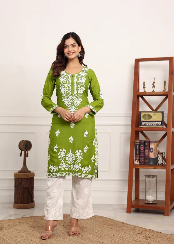 Mehndi_Elegant_Chikankari_Below_Knee_Length_Kurti_Plazo_Set_Perfect_For_All_Occasion