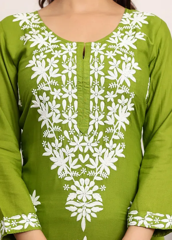 Mehndi_Elegant_Chikankari_Below_Knee_Length_Kurti_Plazo_Set_Perfect_For_All_Occasion