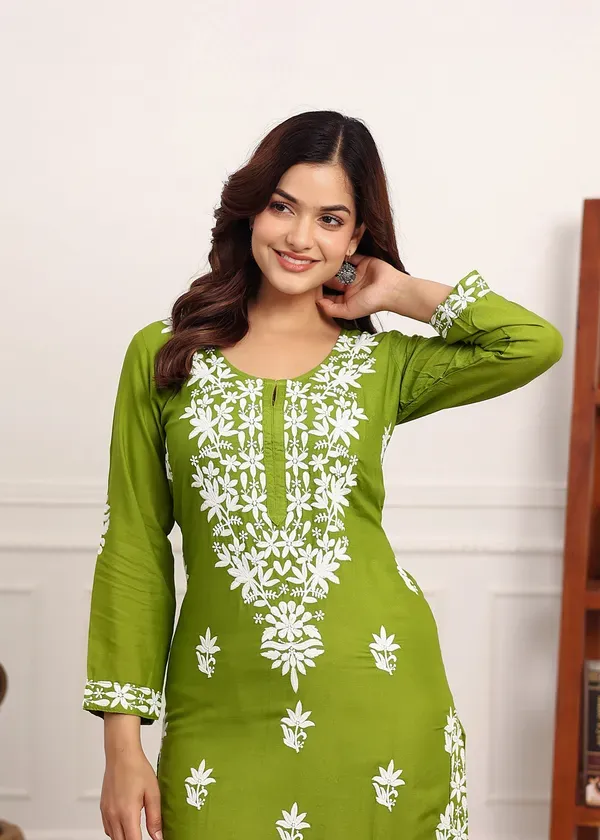 Mehndi_Elegant_Chikankari_Below_Knee_Length_Kurti_Plazo_Set_Perfect_For_All_Occasion