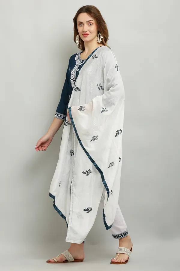 Blue_Rayon_Kurti_With_Dupatta_And_Bottom_Wear_3_Piece_Set_For_Women