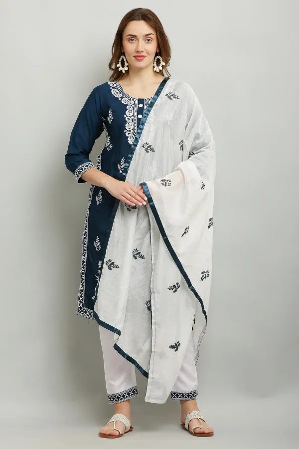 Blue_Rayon_Kurti_With_Dupatta_And_Bottom_Wear_3_Piece_Set_For_Women