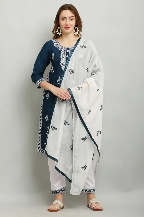 Blue_Rayon_Kurti_With_Dupatta_And_Bottom_Wear_3_Piece_Set_For_Women