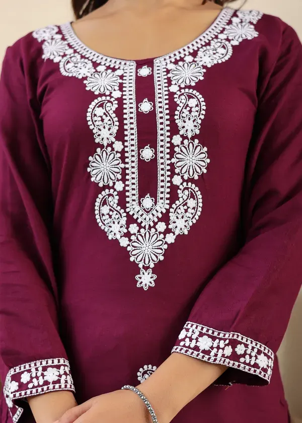 Wine_Rayon_Chikankari_Kurti_With_Dupatta_And_Bottom_Wear_3_Piece_Set_For_Wo