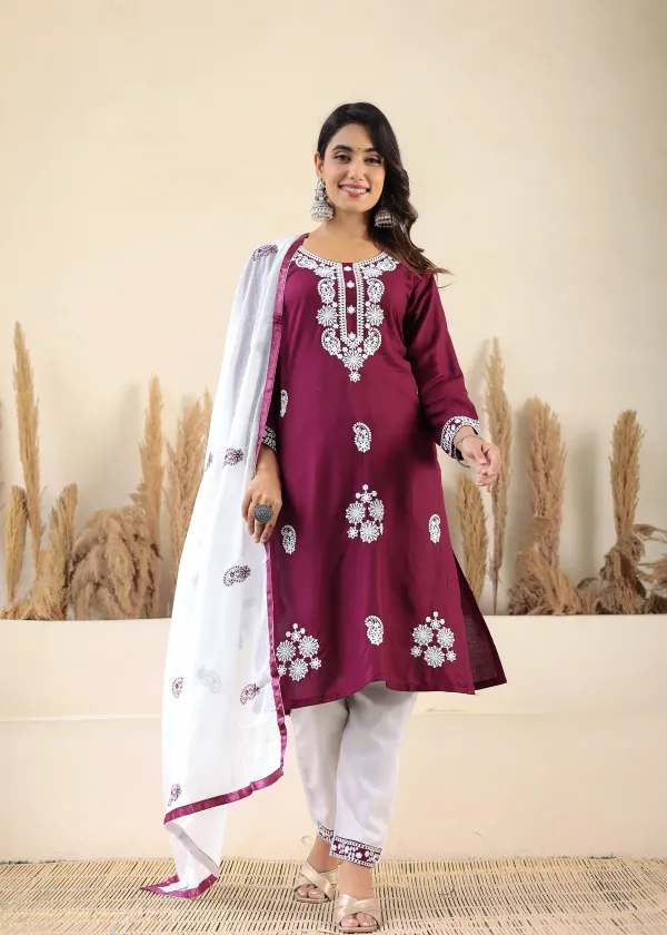 Wine_Rayon_Chikankari_Kurti_With_Dupatta_And_Bottom_Wear_3_Piece_Set_For_Wo