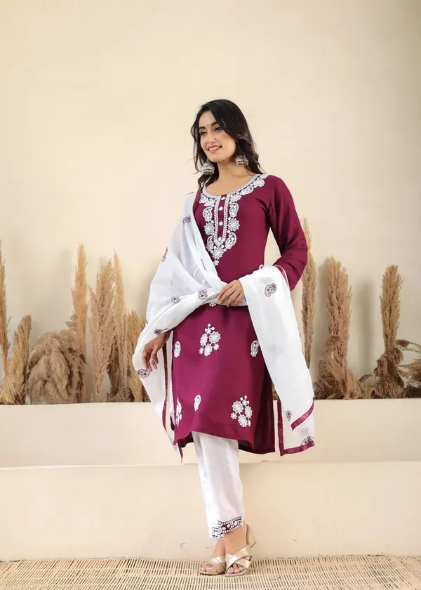 Wine_Rayon_Chikankari_Kurti_With_Dupatta_And_Bottom_Wear_3_Piece_Set_For_Wo