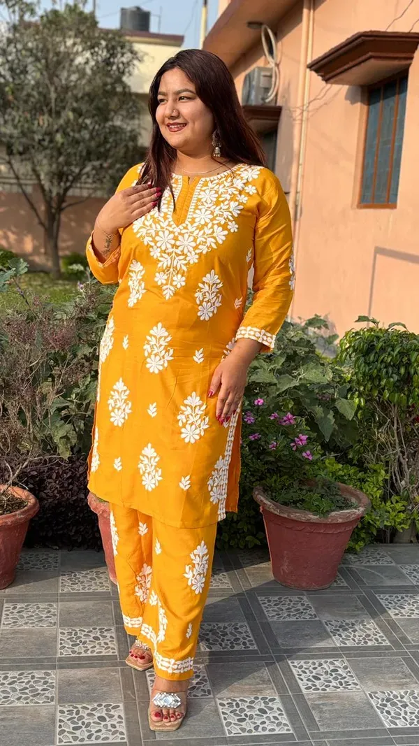 Yellow_Rayon_Cotton_Chikankari_Kurta_With_Palazzo_For_Women