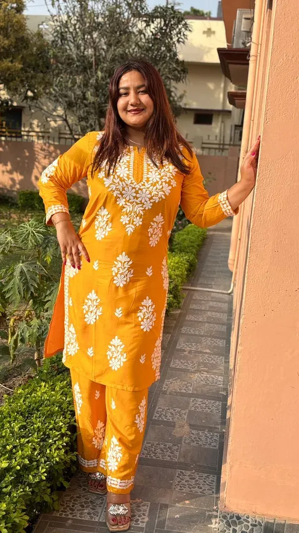 Yellow_Rayon_Cotton_Chikankari_Kurta_With_Palazzo_For_Women