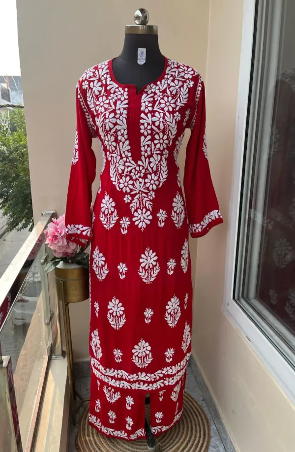 Red_Premium_Chikankari_Rayon_Kurti_Rayon_Plazzo_Set