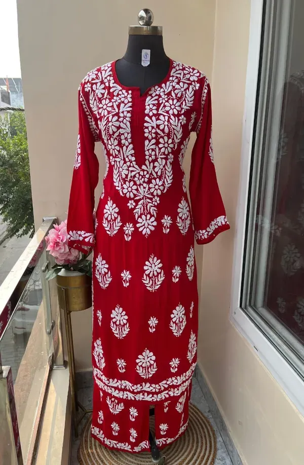 Red_Premium_Chikankari_Rayon_Kurti_Rayon_Plazzo_Set