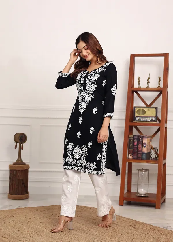Black_Elegant_Chikankari_Below_Knee_Length_Kurti_Plazo_Set_Perfect_For_All_Occasion