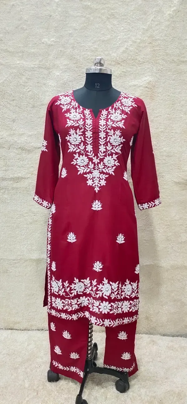 Maroon_Women_Embroidery_Chikankari_Kurti_Plazzo_Set