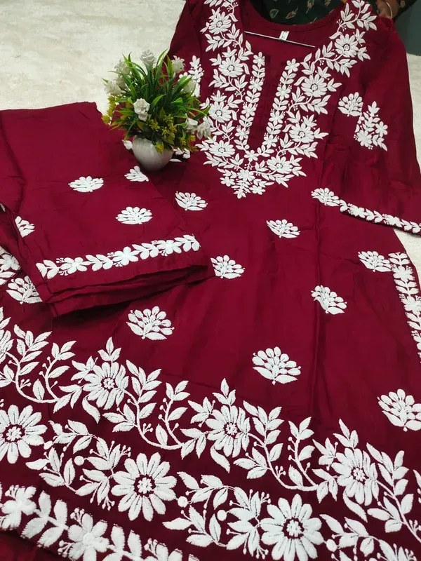 Maroon_Women_Embroidery_Chikankari_Kurti_Plazzo_Set