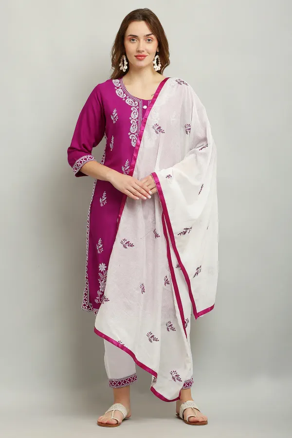 Purple_Rayon_Kurti_With_Dupatta_And_Bottom_Wear_3_Piece_Set_For_Women