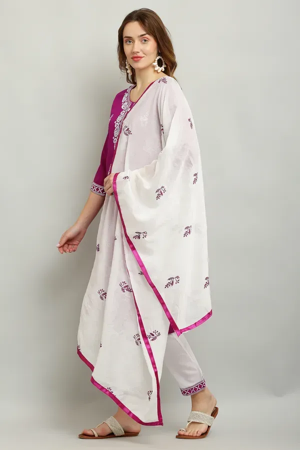Purple_Rayon_Kurti_With_Dupatta_And_Bottom_Wear_3_Piece_Set_For_Women
