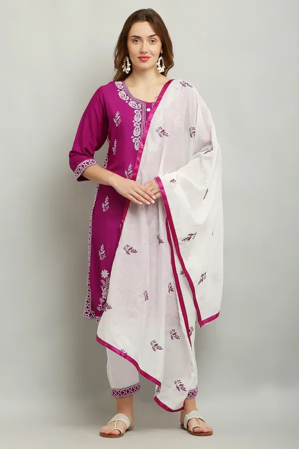 Purple_Rayon_Kurti_With_Dupatta_And_Bottom_Wear_3_Piece_Set_For_Women