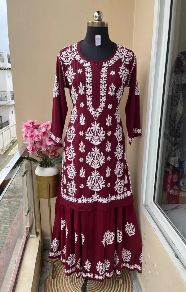 Maroon_Beautiful_Chikankari_Modal_Kurti_Garara_Set