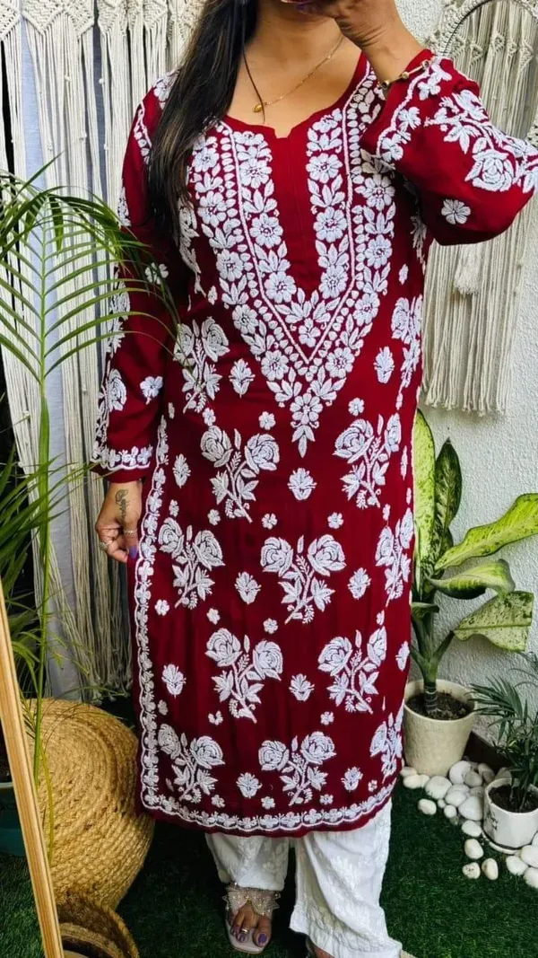 Maroon_Pure_Rayon_Rose_Modal_Kurti_With_Heavy_Work_On_Daman_And_Sleeves_And_Plazzo_Set