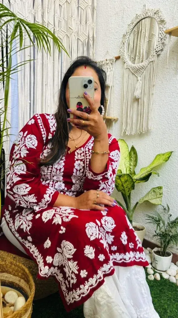 Maroon_Pure_Rayon_Rose_Modal_Kurti_With_Heavy_Work_On_Daman_And_Sleeves_And_Plazzo_Set
