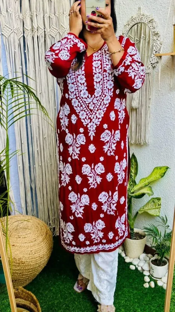 Maroon_Pure_Rayon_Rose_Modal_Kurti_With_Heavy_Work_On_Daman_And_Sleeves_And_Plazzo_Set