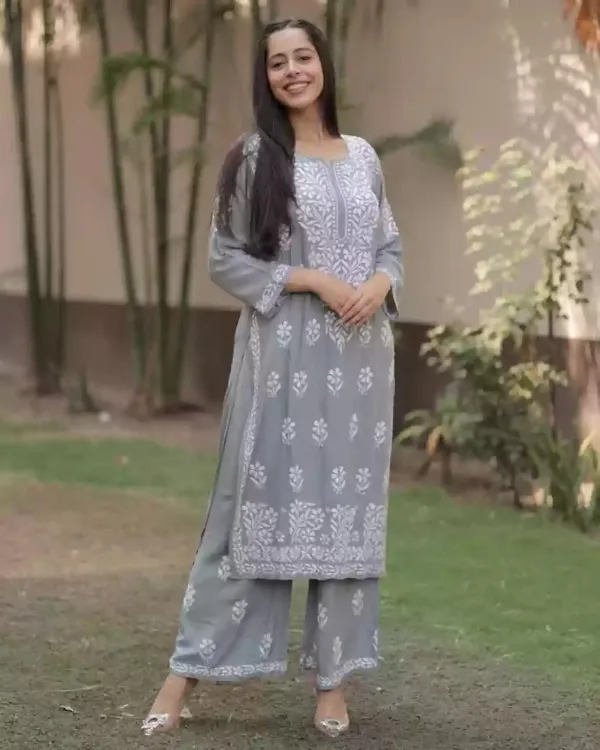 Grey_Women_Embroidery_Chikankari_Kurti_Plazzo_Set