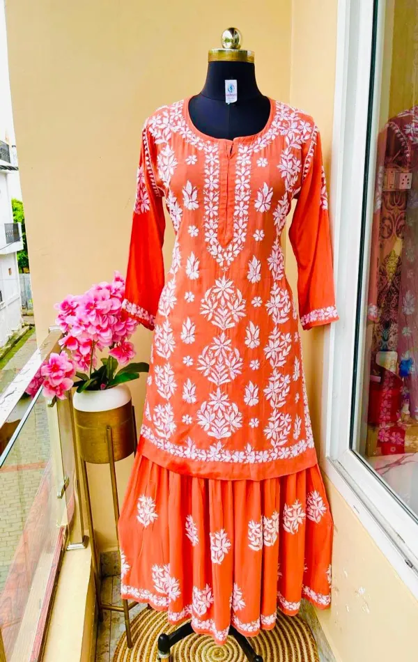 Orange_Beautiful_Chikankari_Modal_Kurti_Garara_Set