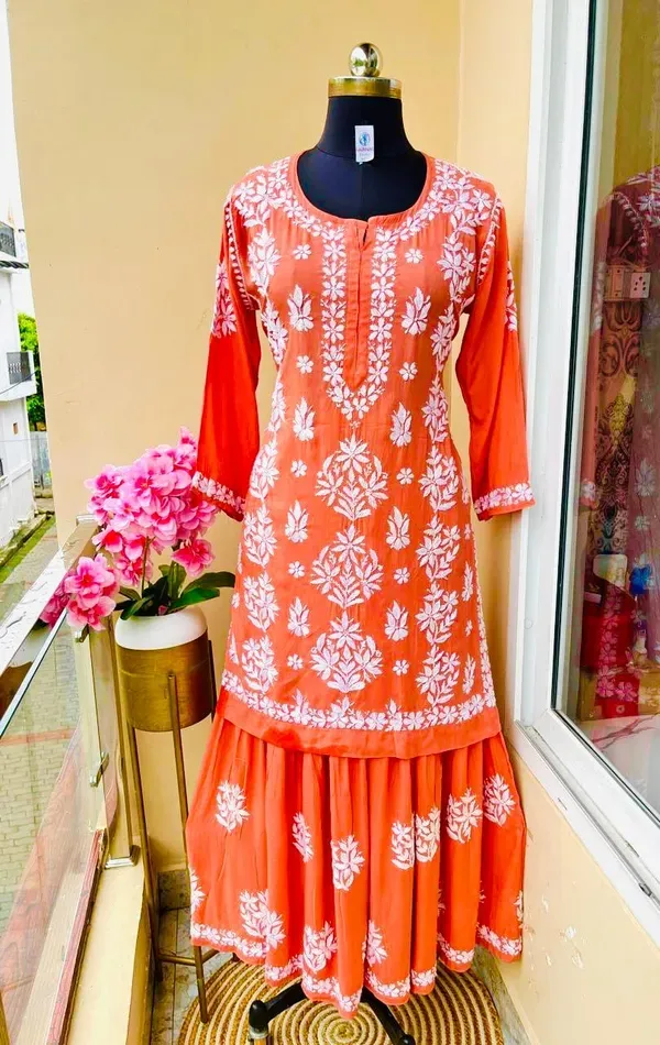 Orange_Beautiful_Chikankari_Modal_Kurti_Garara_Set
