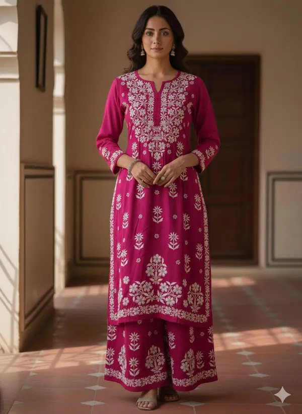 Dark_Pink_Elegance_Chikankari_Reyon_Kurta_And_Palazzo_Set