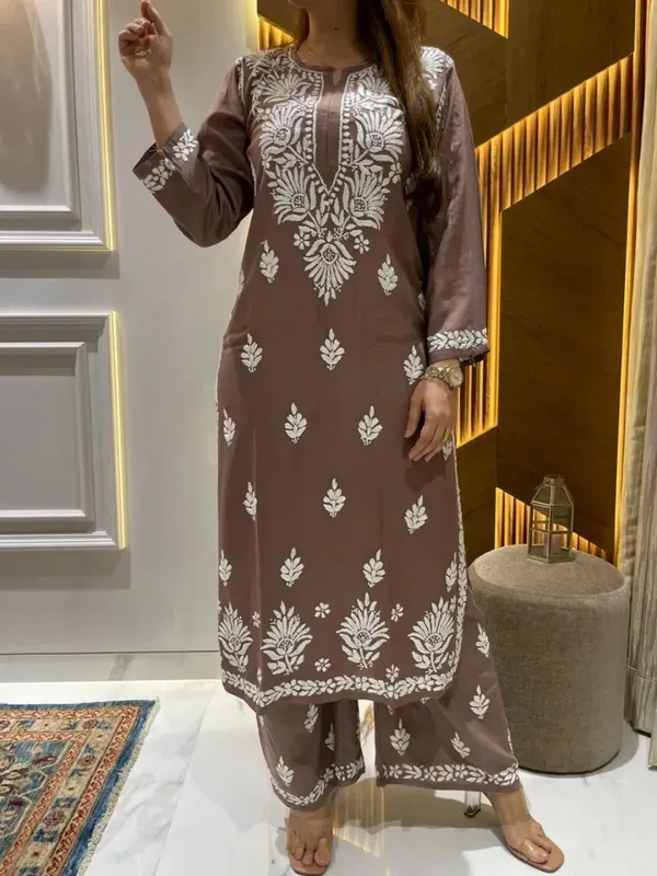 Cofee_Diwali_Speacial_Chikankari_Work_Kurti_And_Plazzo_Set