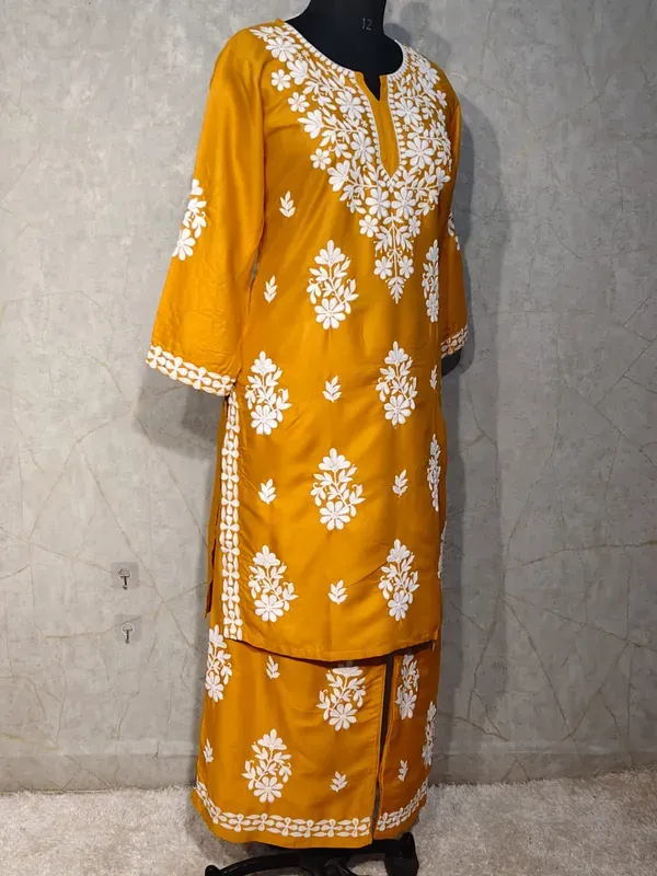 Yellow_Rayon_Cotton_Chikankari_Kurta_With_Palazzo_For_Women