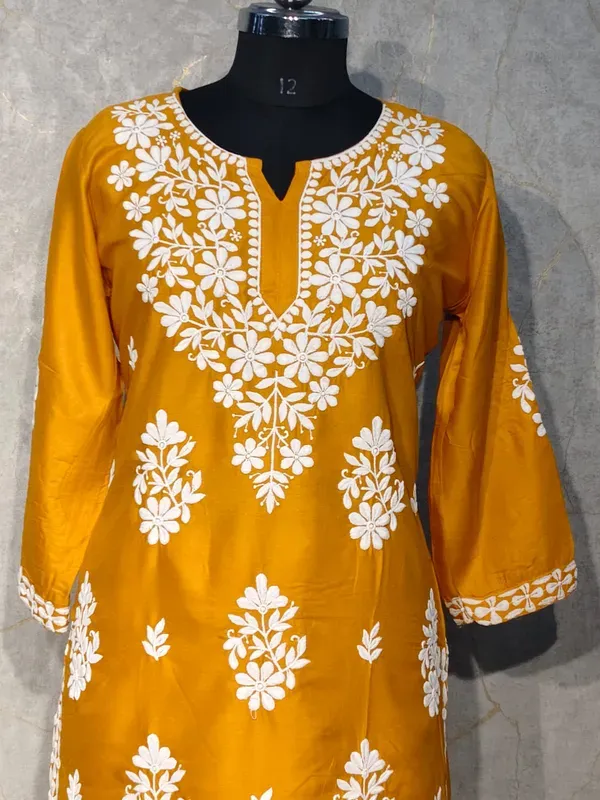 Yellow_Rayon_Cotton_Chikankari_Kurta_With_Palazzo_For_Women