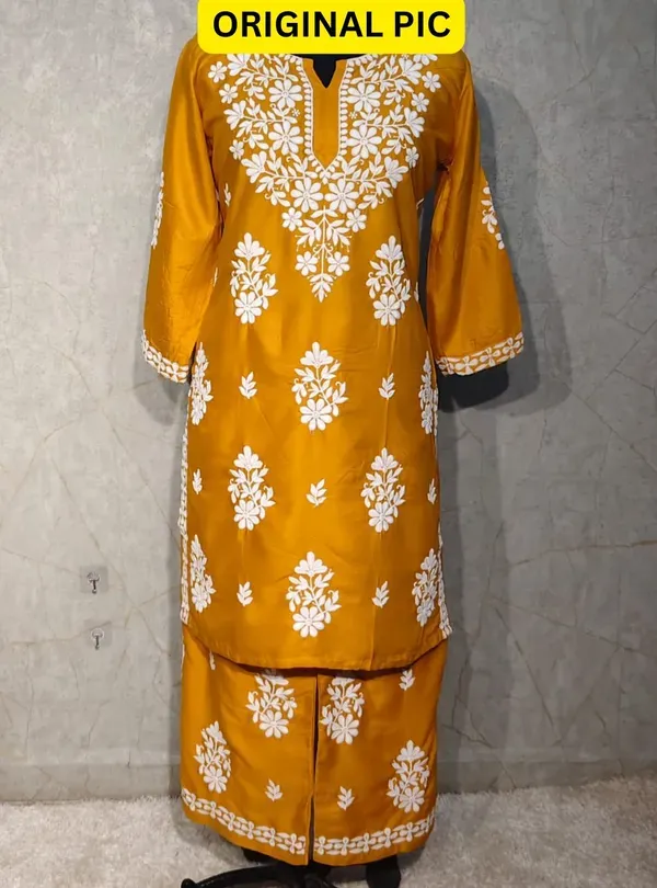 Yellow_Rayon_Cotton_Chikankari_Kurta_With_Palazzo_For_Women