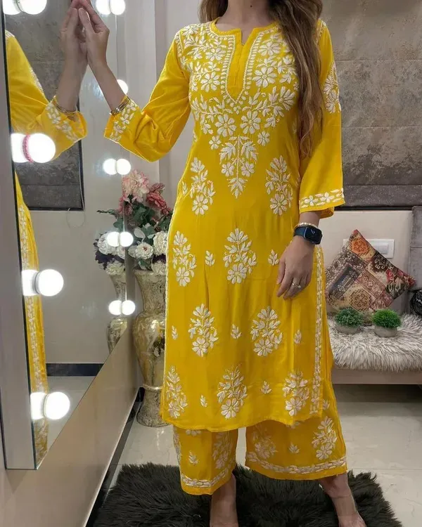 Yellow_Rayon_Cotton_Chikankari_Kurta_With_Palazzo_For_Women