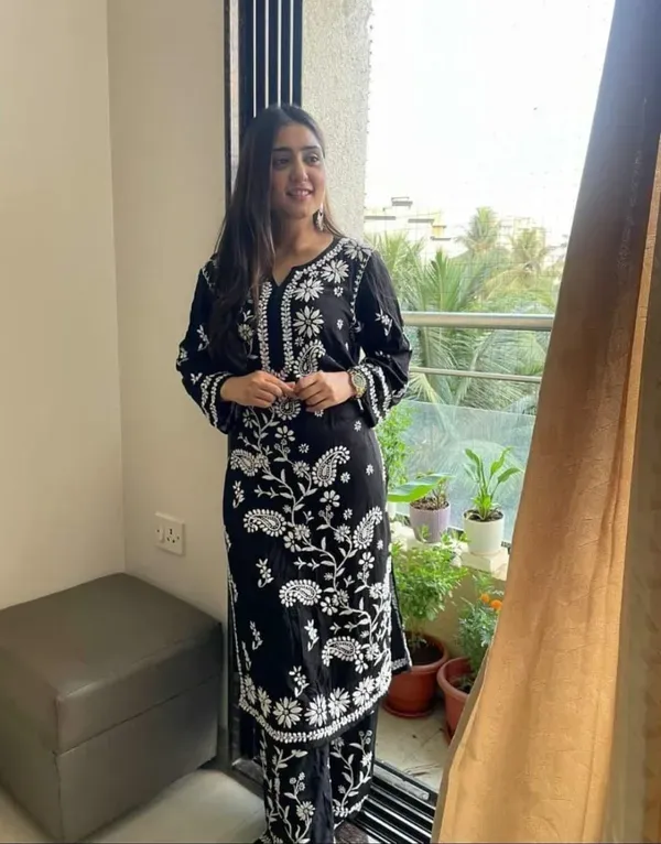 Black_Ethnic_Wear_Chikankari_Work_Kurti_And_Plazzo_Set