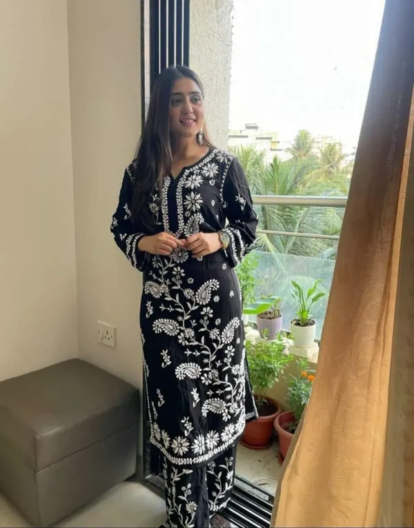 Black_Ethnic_Wear_Chikankari_Work_Kurti_And_Plazzo_Set