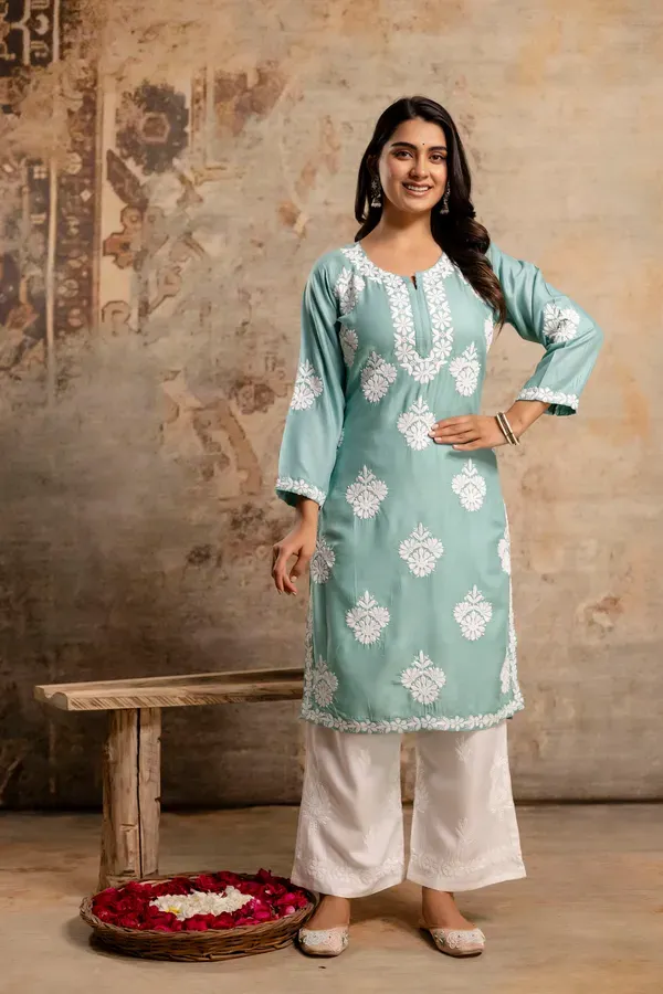 Rama_Green_Floral_Embroidered_Round_Neck_Chikankari_Straight_Kurta_With_Pal