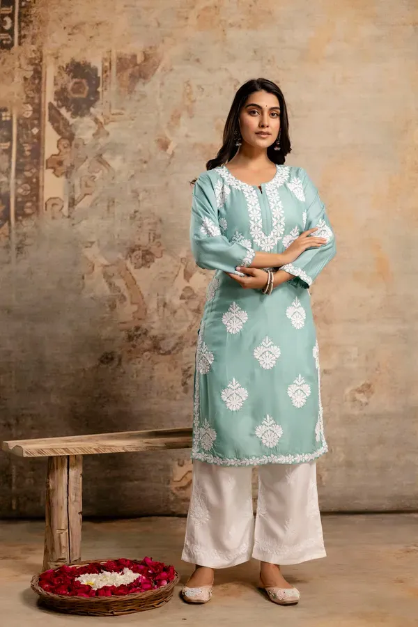 Rama_Green_Floral_Embroidered_Round_Neck_Chikankari_Straight_Kurta_With_Pal