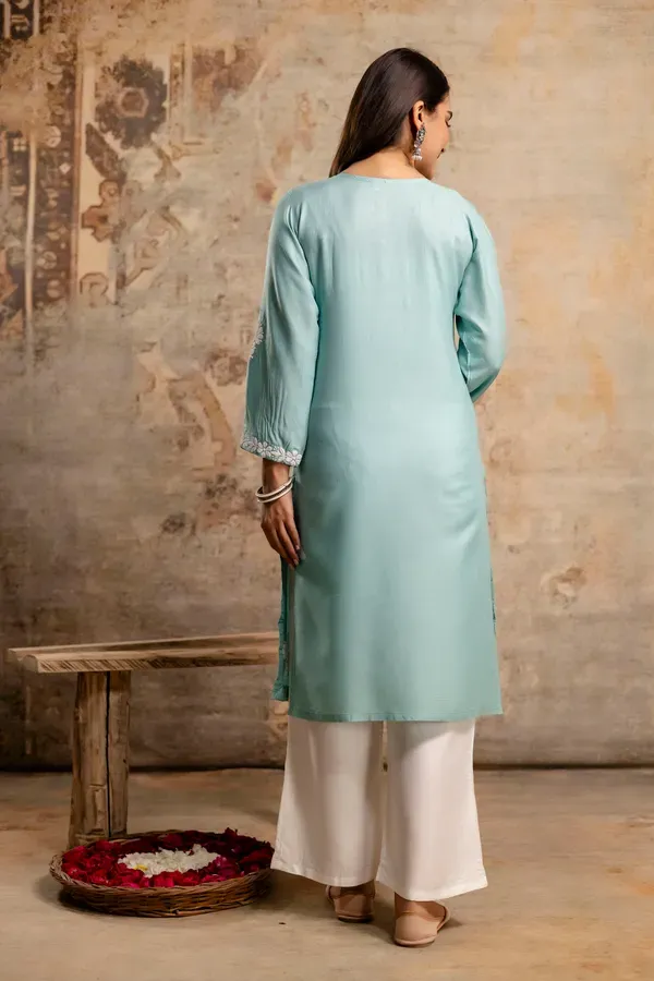 Rama_Green_Floral_Embroidered_Round_Neck_Chikankari_Straight_Kurta_With_Pal
