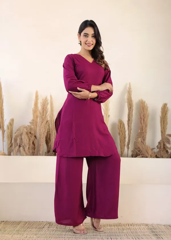 Wine_Rayon_Chikankari_Kurta_Palazzo_Set_For_Women