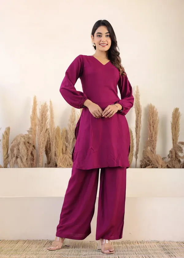Wine_Rayon_Chikankari_Kurta_Palazzo_Set_For_Women