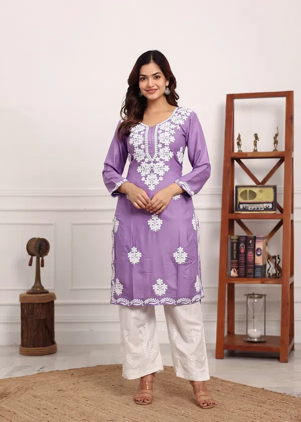 Light_Purple_Chikan_Kurta_For_Women_Rayon_Straight_Chikankari_Kurti_And_Whi