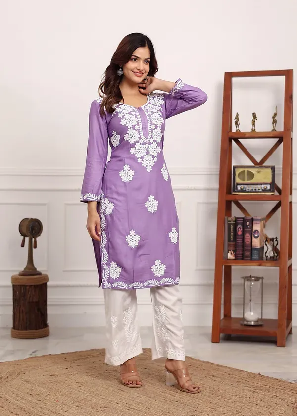 Light_Purple_Chikan_Kurta_For_Women_Rayon_Straight_Chikankari_Kurti_And_Whi