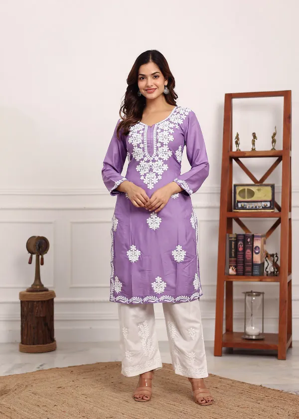 Light_Purple_Chikan_Kurta_For_Women_Rayon_Straight_Chikankari_Kurti_And_Whi