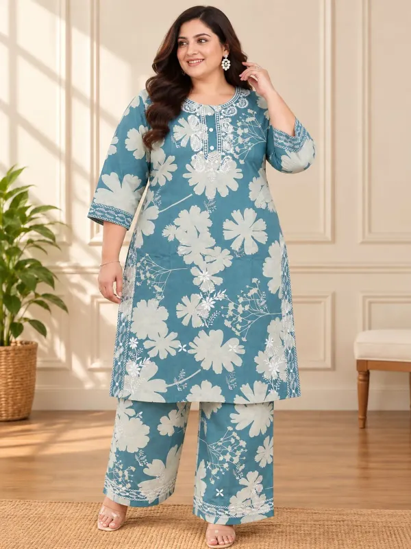 Rama_Green_Plus_Size_Printed_Cotton_Kurti_Plazzo_Set