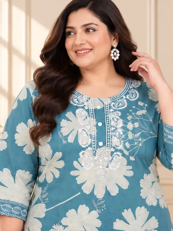Rama_Green_Plus_Size_Printed_Cotton_Kurti_Plazzo_Set