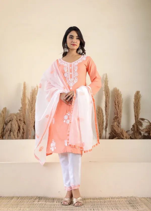 Peach_Rayon_Chikankari_Kurti_With_Dupatta_And_Bottom_Wear_3_Piece_Set_For_Women