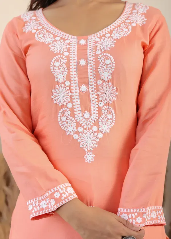 Peach_Rayon_Chikankari_Kurti_With_Dupatta_And_Bottom_Wear_3_Piece_Set_For_Women